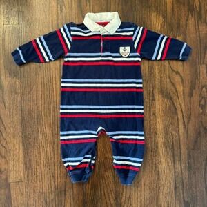 Tommy Hilfiger Navy Blue and Red Striped Baby Onesie Sz 18-24 Months 100% Cotton